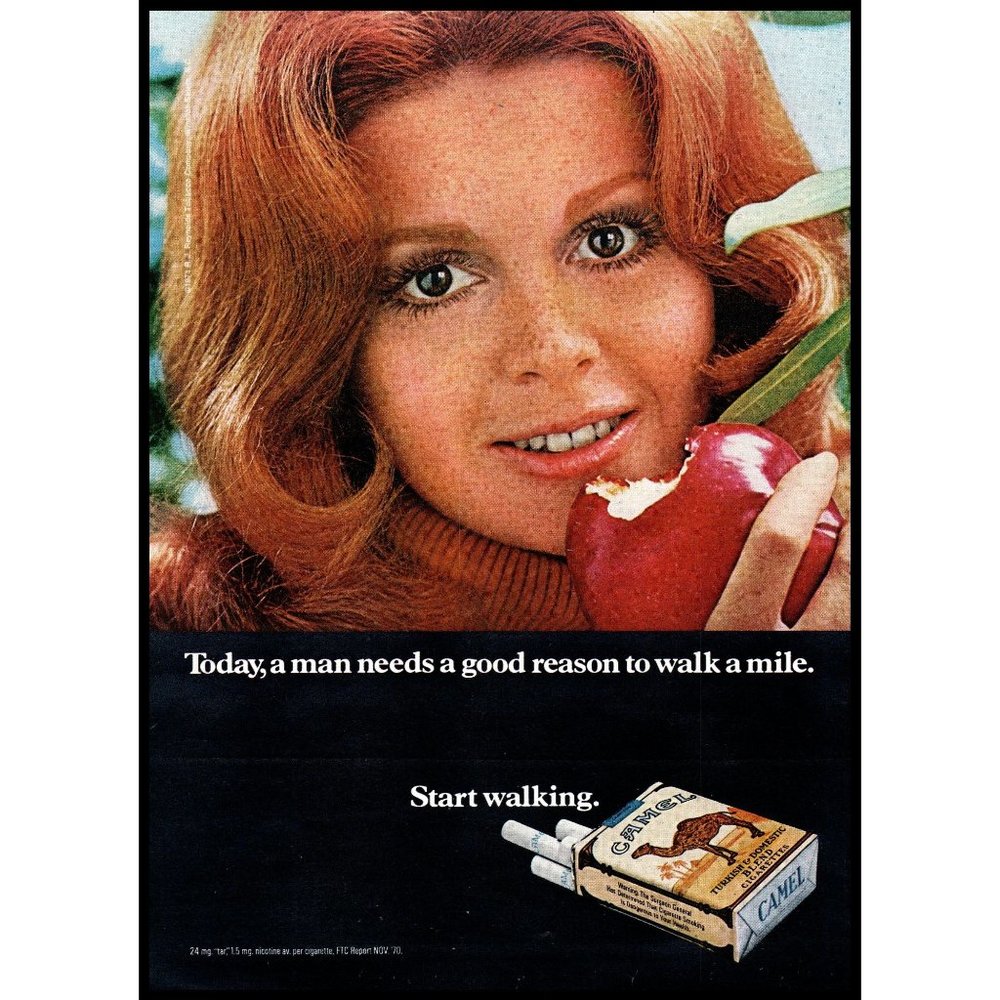 1971 Camel Cigarettes Vintage Print Ad Redhead Apple Start Walking Wall Art